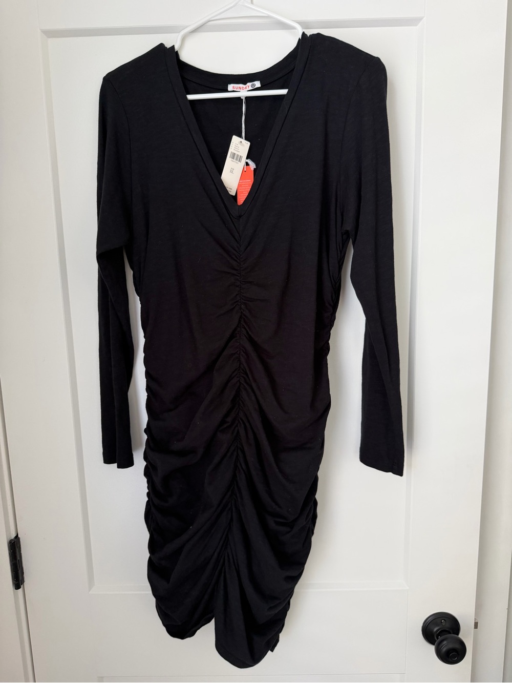 SUNDRY Black Ruched V-Neck Long Sleeve Dress